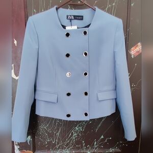 Zara Women's Robins Egg Blue Double-Breasted Jacket Blazer Size L